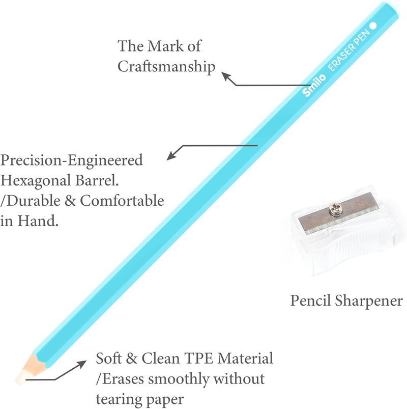 Smilo Eraser Pencils, 10-Pack Blue Artist Pencils with Sharpener, Fine Detail Eraser for Sketching, Charcoal & Colored Pencil Drawings, Perfect for Artists, Beginners and Students - Image 2